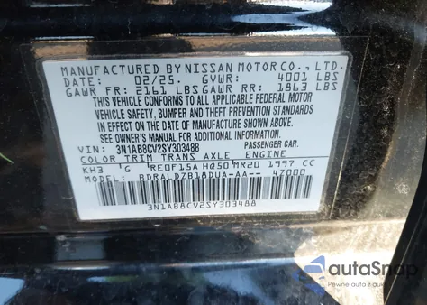 2025 Nissan Sentra Sv z USA, uszkodzony, nr VIN 3N1AB8CV2SY303488